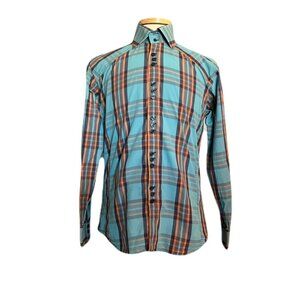 Bertigo 3 Medium Orange Blue Plaid Long Sleeve Button Front Shirt